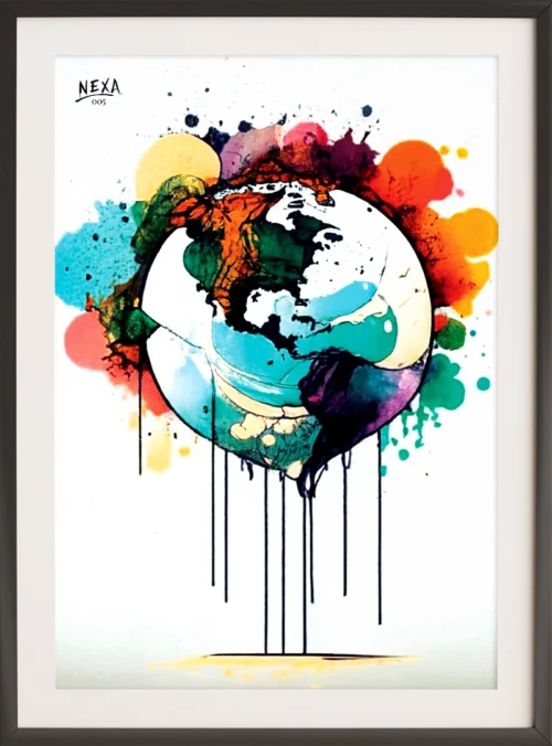 Colorful illustration of the Earth with vibrant watercolor splashes – A4 printable