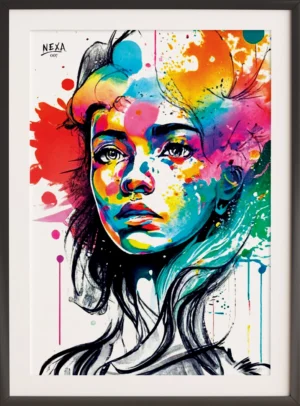 Colorful portrait of a woman with vibrant watercolor splashes – A4 printable
