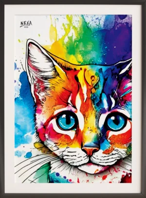 Ink and watercolor painting of a colorful cat with bright blue eyes – A4 printable art