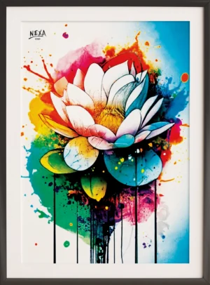 Beautiful white lotus flower with vibrant watercolor background – A4 printable