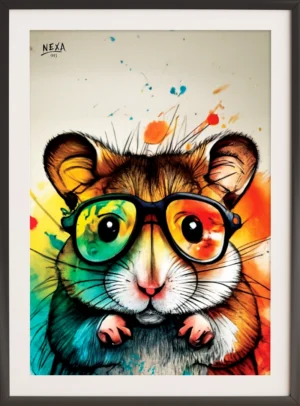 Cute hamster wearing colorful glasses with vibrant watercolor splashes – A4 printable