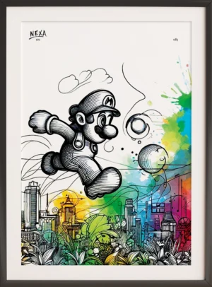 Illustration of a jumping cartoon plumber in black ink, over a colorful cityscape with abstract game-like elements – vertical A4 printable artwork