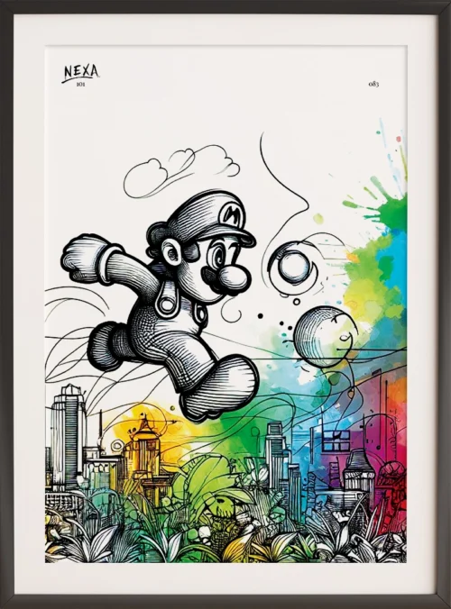 Illustration of a jumping cartoon plumber in black ink, over a colorful cityscape with abstract game-like elements – vertical A4 printable artwork