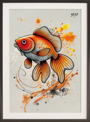 Illustration of a fancy orange goldfish with flowing fins, surrounded by watercolor splashes in orange and yellow – vertical A4 printable artwork
