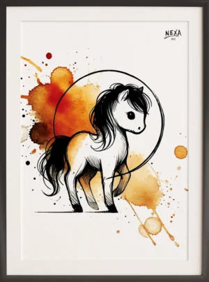 Cute cartoon-style pony drawn in black ink with soft brown and orange watercolor splashes – vertical printable A4 artwork