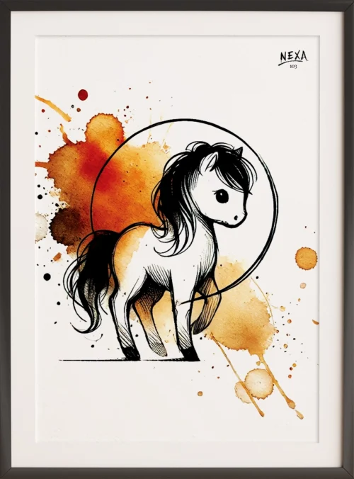 Cute cartoon-style pony drawn in black ink with soft brown and orange watercolor splashes – vertical printable A4 artwork