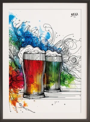 Two beer glasses filled with red and green drinks, drawn with black ink and surrounded by vivid watercolor splashes – vertical A4 printable artwork