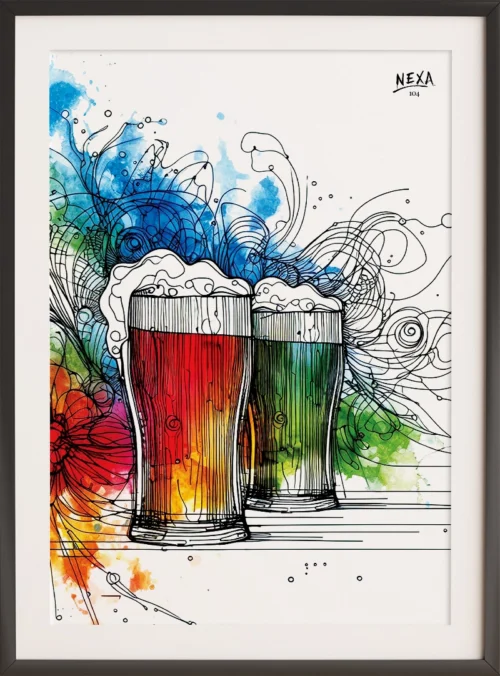 Two beer glasses filled with red and green drinks, drawn with black ink and surrounded by vivid watercolor splashes – vertical A4 printable artwork
