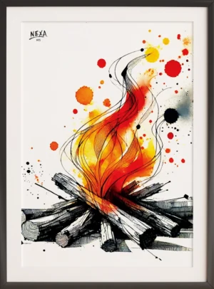 Illustration of a stylized campfire made of black ink logs and vibrant red, orange and yellow flames – vertical A4 printable artwork