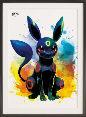 Stylized dark fox-like creature with red eyes and yellow rings, in a watercolor explosion – vertical A4 printable Eeveelution-inspired artwork