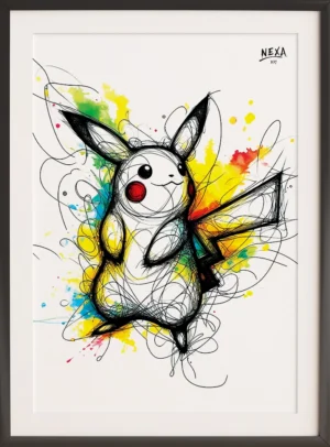 Energetic scribble-style drawing of a yellow electric mouse creature, with red cheeks and watercolor bursts – vertical A4 printable art