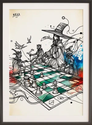 Illustration of cloaked sorcerers playing chess on a floating board, with abstract fantasy line art and watercolor accents – vertical A4 printable artwork