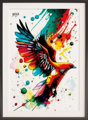 Colorful watercolor falcon with open wings mid-flight, surrounded by splashes and dots of red, blue, yellow and green – vertical printable A4 art