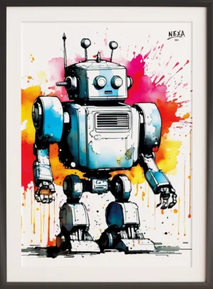 Illustration of a blue retro-style robot with antennas and expressive eyes, surrounded by watercolor splashes – vertical printable A4 artwork