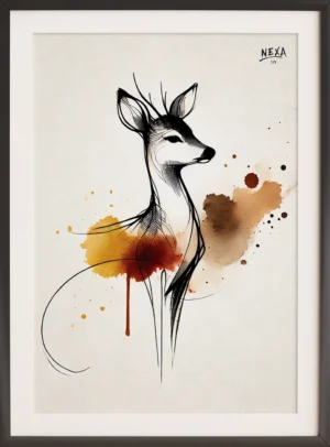 Elegant line drawing of a deer in black ink with brown and orange watercolor splashes – vertical A4 printable poster