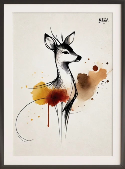 Elegant line drawing of a deer in black ink with brown and orange watercolor splashes – vertical A4 printable poster