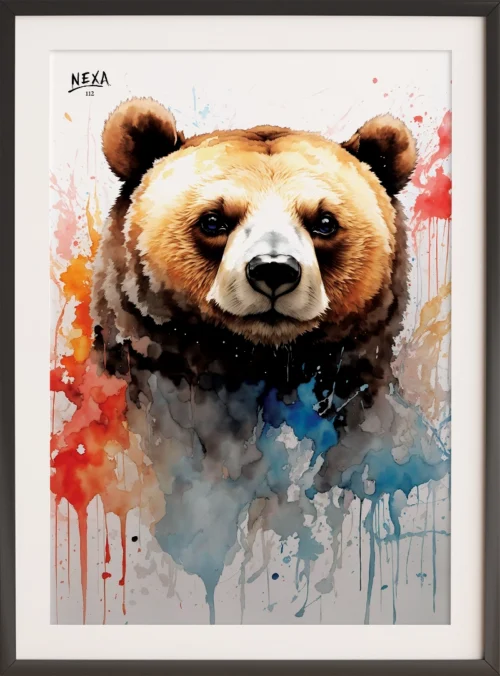 Close-up portrait of a bear painted in realistic watercolor style with vivid splashes of red, blue, and orange – vertical A4 printable poster