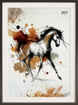 Abstract black ink sketch of a galloping horse with brown and beige watercolor splashes – vertical A4 printable artwork