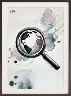 Artistic poster of Earth seen through a magnifying glass with black ink and watercolor textures – vertical printable A4 poster