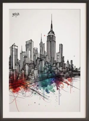 Artistic black ink drawing of the New York skyline with colorful watercolor accents – printable A4 vertical poster