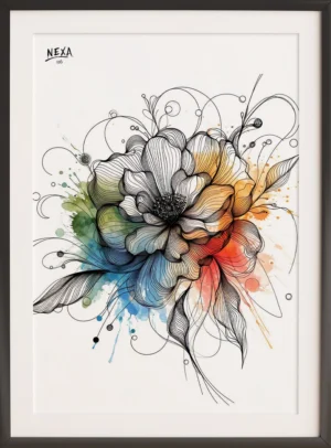 Artistic illustration of an abstract rose with black ink lines and watercolor splashes in green, blue, orange, and red – vertical printable A4 poster