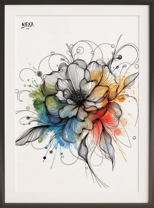 Artistic illustration of an abstract rose with black ink lines and watercolor splashes in green, blue, orange, and red – vertical printable A4 poster