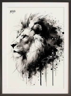 Stylized lion portrait in black ink and watercolor splashes, with abstract textures and a proud expression – printable A4 vertical poster