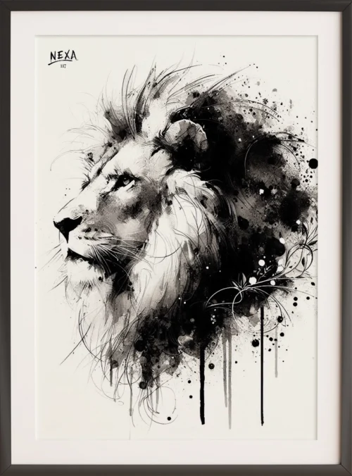 Stylized lion portrait in black ink and watercolor splashes, with abstract textures and a proud expression – printable A4 vertical poster