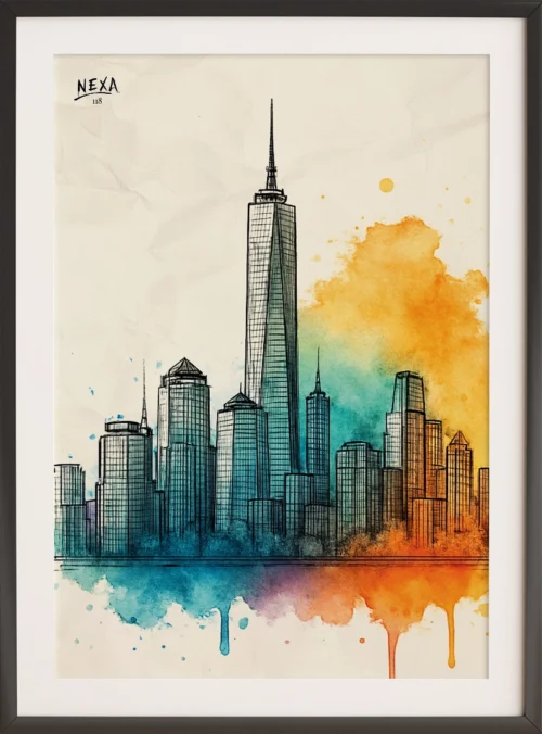 City skyline with skyscrapers and vibrant watercolor splashes – A4 printable