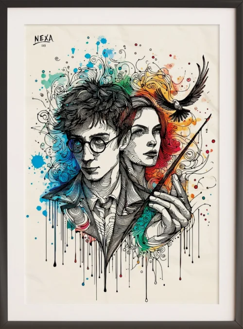 Detailed ink drawing of a young wizard and witch with colorful watercolor accents – A4 printable