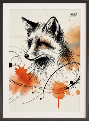 Detailed ink drawing of a fox with warm orange watercolor splashes – A4 printable