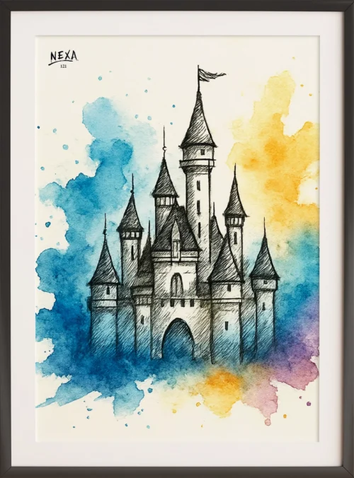 Sketch of a majestic castle surrounded by colorful watercolor splashes – A4 printable