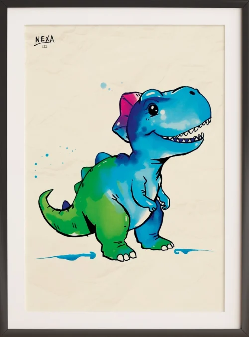 Cute blue and green dinosaur with friendly expression – A4 printable