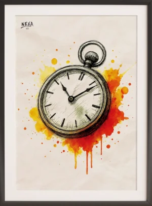 Vintage pocket watch sketch with vibrant watercolor splashes – A4 printable