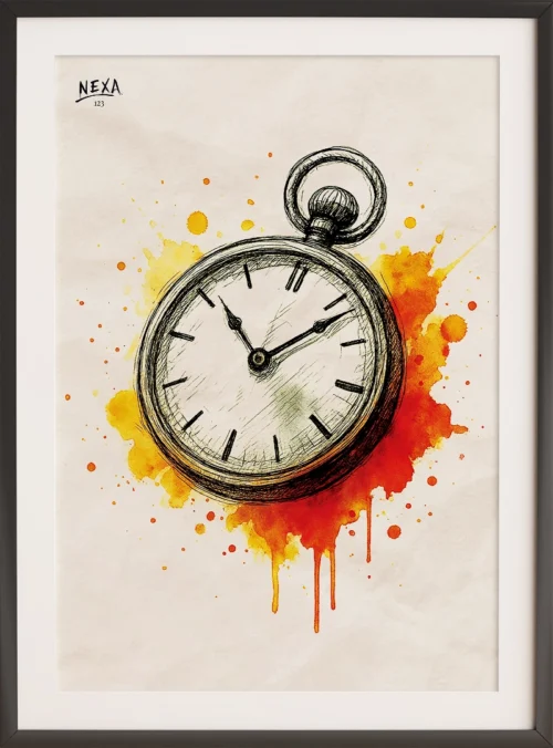 Vintage pocket watch sketch with vibrant watercolor splashes – A4 printable