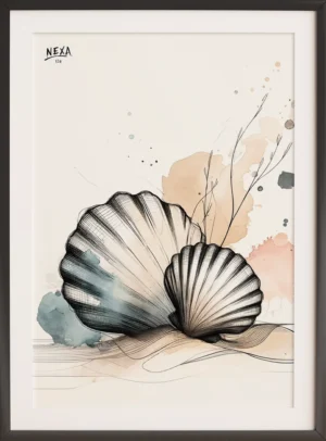 Detailed seashell sketch with soft watercolor splashes – A4 printable