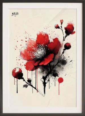 Detailed ink and watercolor illustration of a red flower with delicate splashes – A4 printable