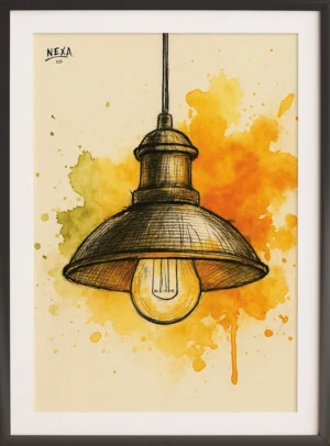 Vintage pendant lamp ink drawing with warm watercolor splashes – A4 printable art