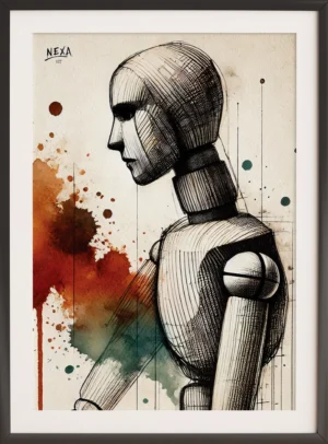 Wooden artist mannequin in ink sketch with warm watercolor splashes – A4 printable art