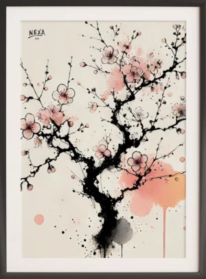Ink sketch of sakura tree branch with soft pink watercolor blossoms – A4 printable art