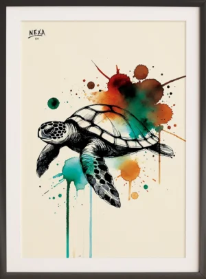 Ink sketch of a sea turtle with vibrant watercolor splashes – A4 printable art