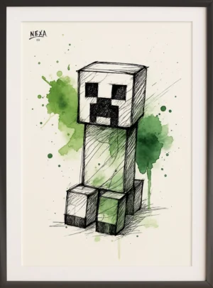 Pixelated pixel art-inspired creature with green watercolor splashes – A4 printable