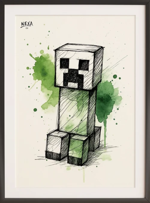 Pixelated pixel art-inspired creature with green watercolor splashes – A4 printable