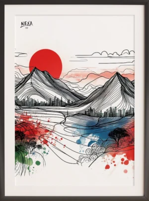 Ink line art of mountain landscape with bold red sun and soft watercolor splashes – A4 printable art