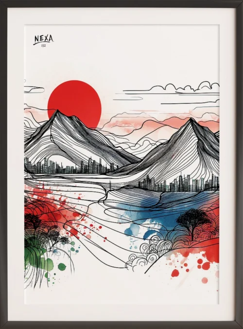 Ink line art of mountain landscape with bold red sun and soft watercolor splashes – A4 printable art