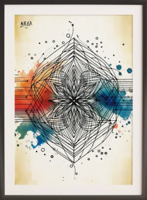 Intricate geometric mandala flower in ink lines with colorful watercolor splashes – A4 printable art