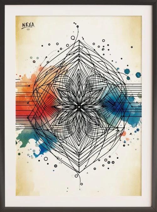 Intricate geometric mandala flower in ink lines with colorful watercolor splashes – A4 printable art