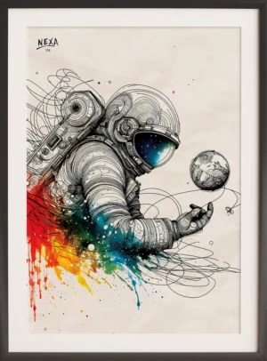 Ink sketch of an astronaut floating in space with vibrant watercolor splashes – A4 printable art