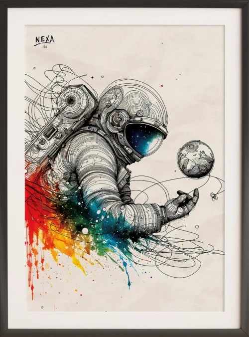 Ink sketch of an astronaut floating in space with vibrant watercolor splashes – A4 printable art