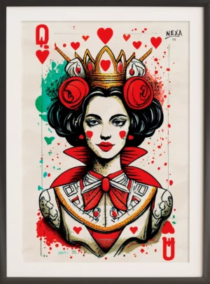 Ink sketch of a tattooed Queen of Hearts playing card character with red watercolor accents – A4 printable art